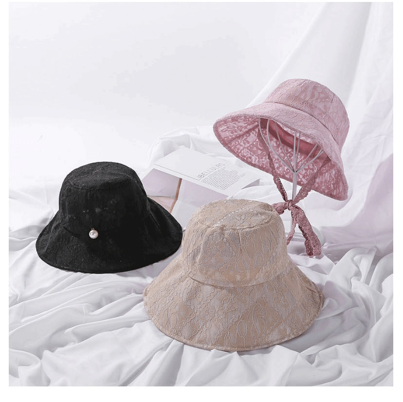 Fashion Khaki Pearl Lace Tethered Fisherman Hat,Sun Hats