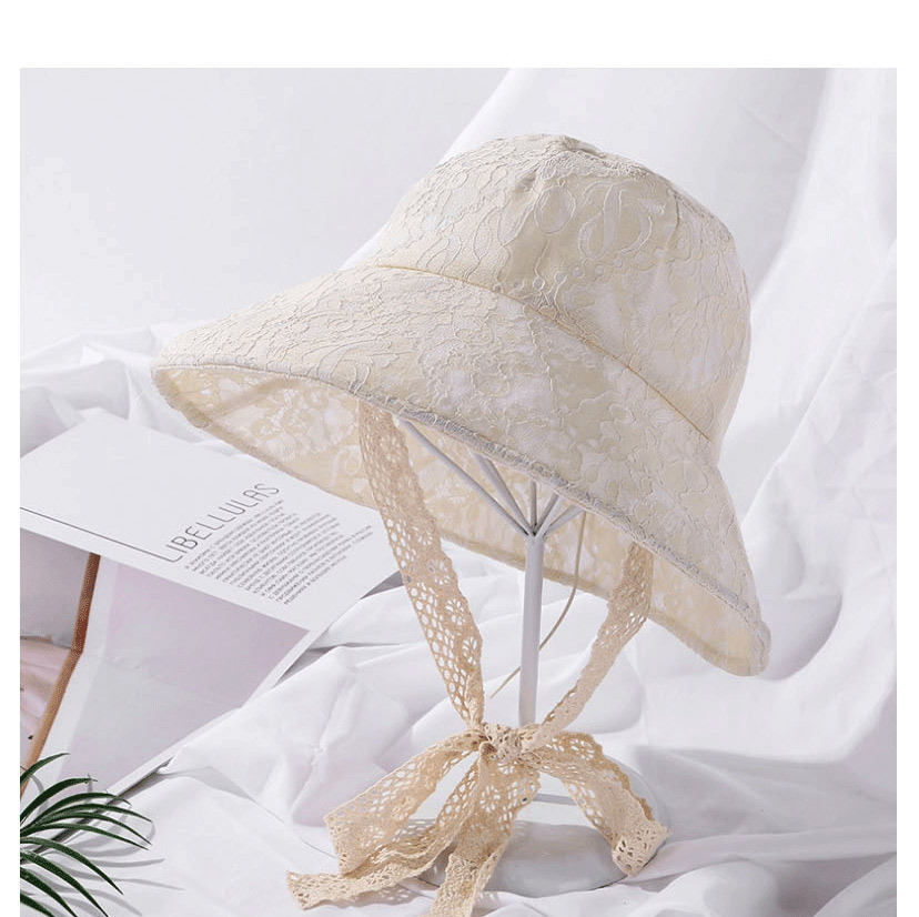 Fashion Beige Pearl Lace Tethered Fisherman Hat,Sun Hats