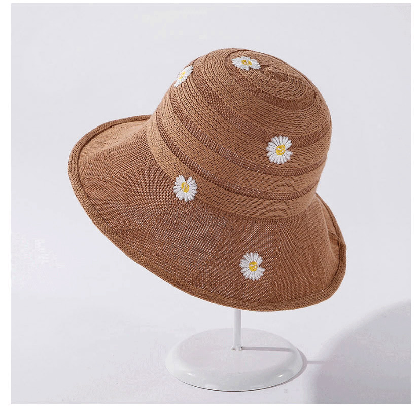 Fashion Khaki Little Daisy Embroidered Knitted Broad-band Fisherman Hat,Sun Hats