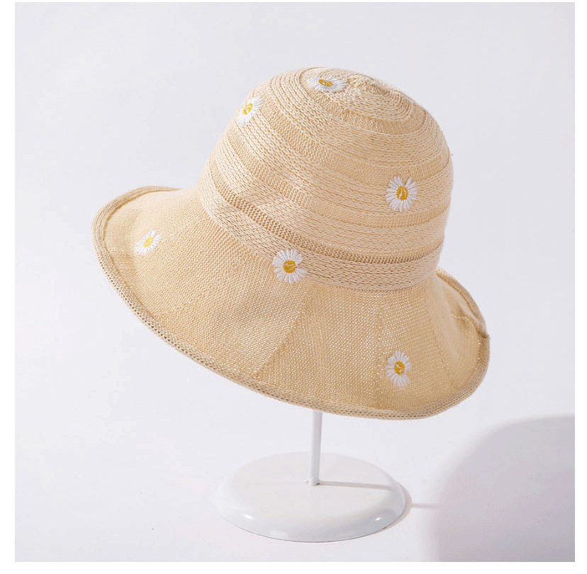 Fashion Khaki Little Daisy Embroidered Knitted Broad-band Fisherman Hat,Sun Hats