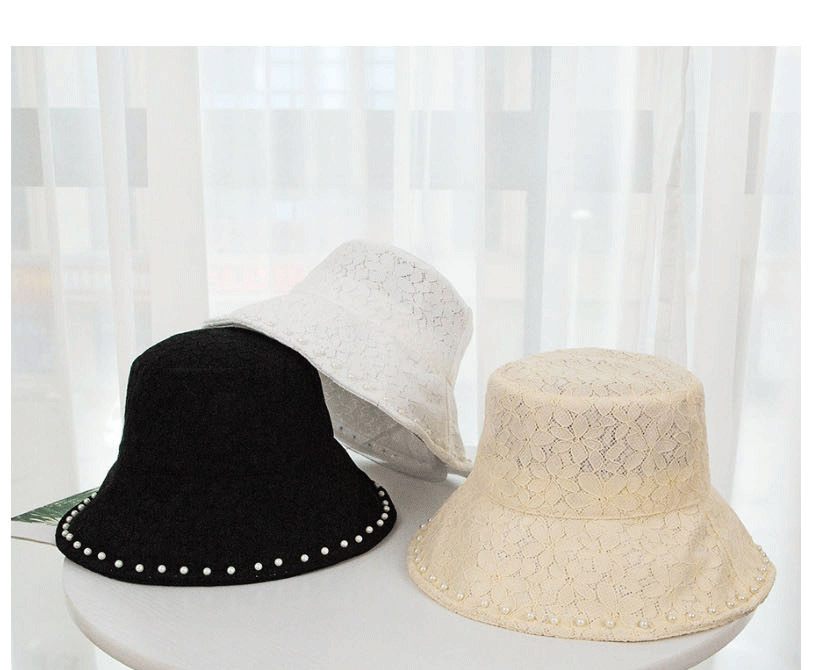 Fashion Black Pearl Lace Flower Wide-brimmed Fisherman Hat,Sun Hats