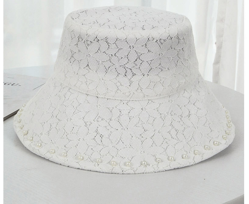 Fashion Beige Pearl Lace Flower Wide-brimmed Fisherman Hat,Sun Hats