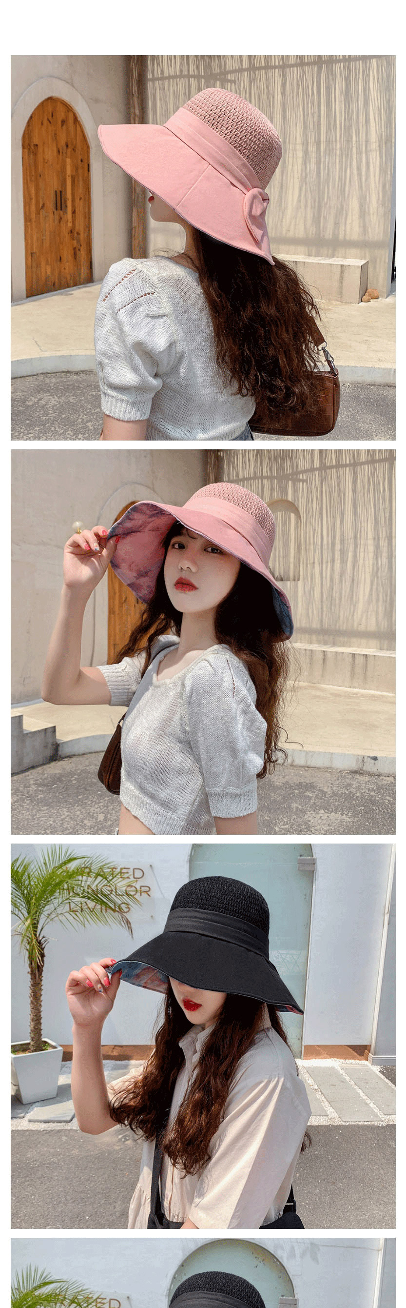 Fashion Pink Knitted Stitching Bow Ink Painting Fisherman Hat,Sun Hats