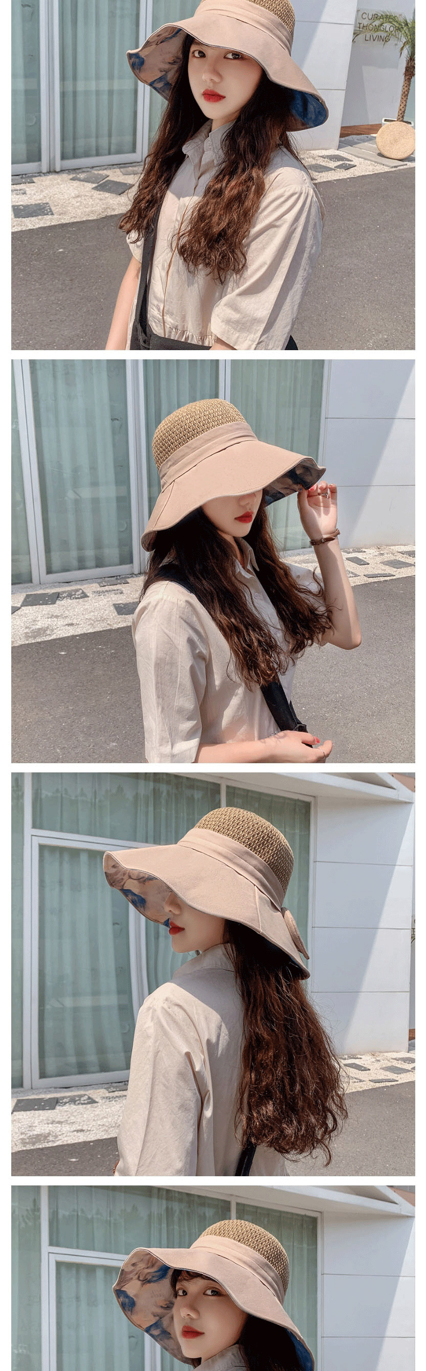 Fashion Beige Knitted Stitching Bow Ink Painting Fisherman Hat,Sun Hats
