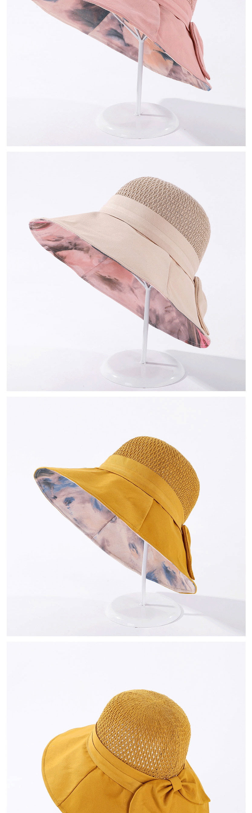 Fashion Mango Yellow Knitted Stitching Bow Ink Painting Fisherman Hat,Sun Hats