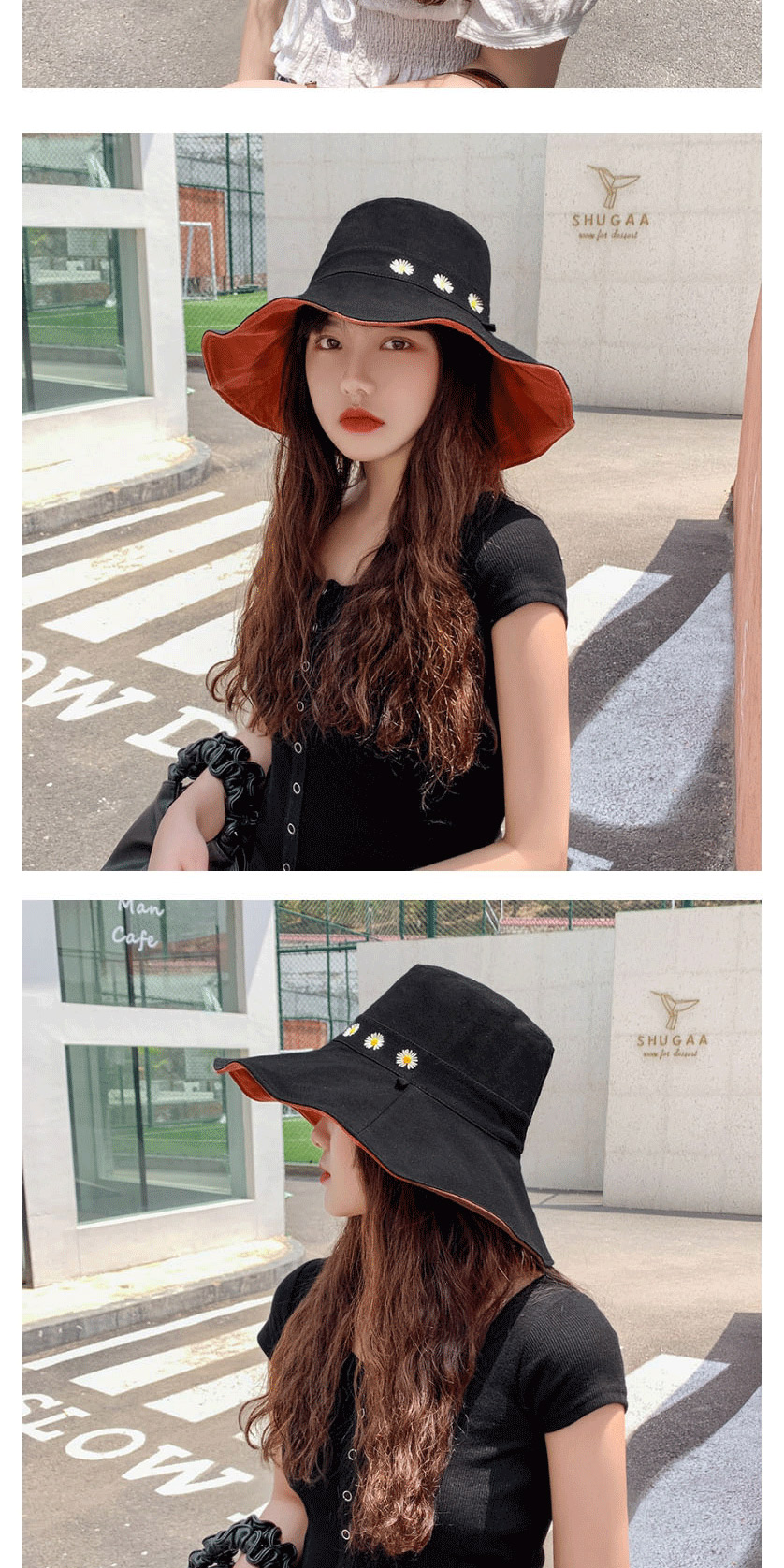 Fashion Black + Brick Red Daisy Fisherman Hat With Big Edge Embroidery On Both Sides,Sun Hats