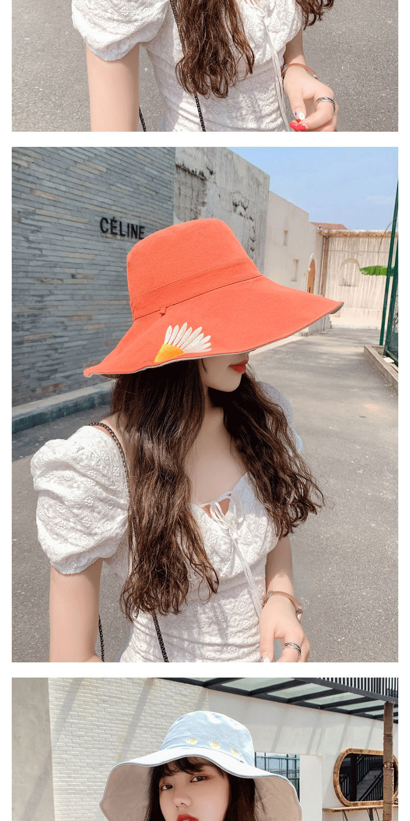 Fashion Leather Powder + Beige Daisy Fisherman Hat With Big Edge Embroidery On Both Sides,Sun Hats