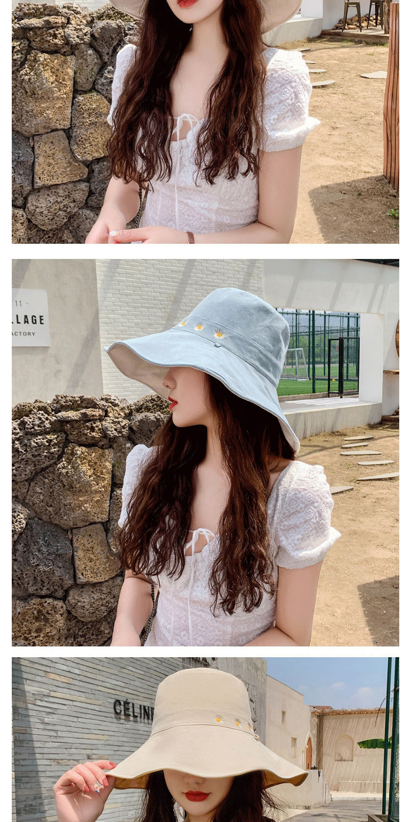 Fashion Leather Powder + Beige Daisy Fisherman Hat With Big Edge Embroidery On Both Sides,Sun Hats