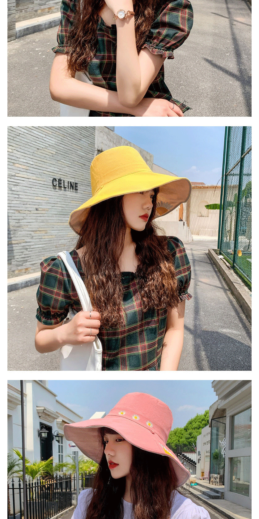 Fashion Yellow + Black Daisy Fisherman Hat With Big Edge Embroidery On Both Sides,Sun Hats