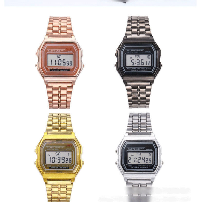 Fashion Golden Alloy Electronic Square Steel Band Watch,Ladies Watches