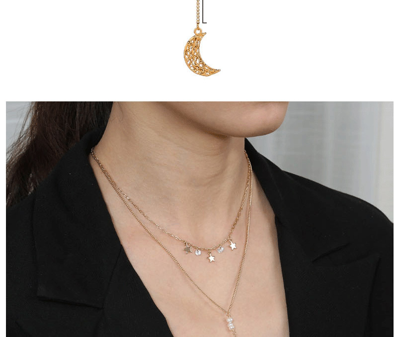 Fashion Golden Moon Star Pearl Double Necklace,Chains