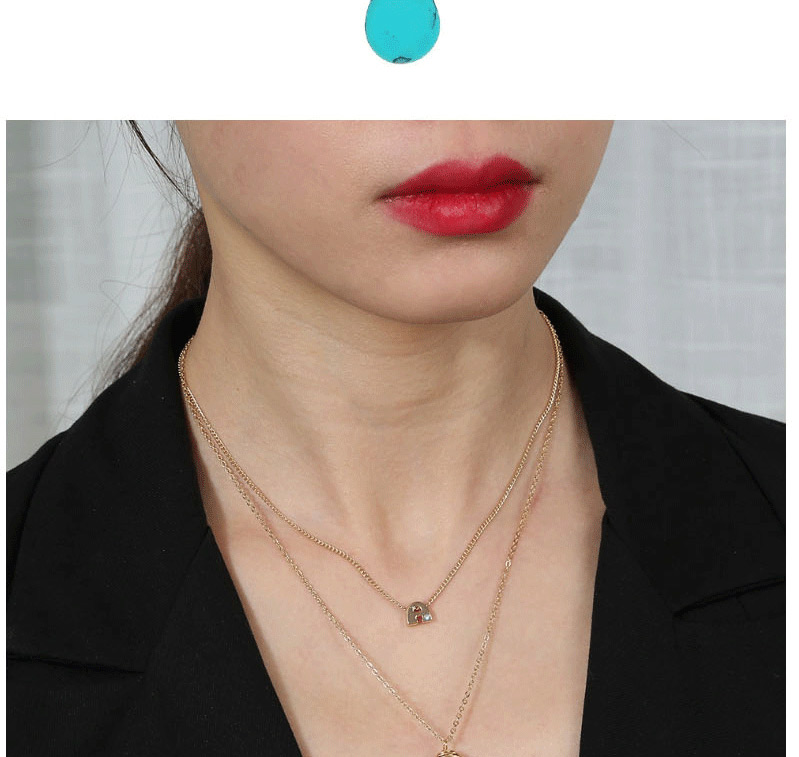 Fashion Golden Letter With Diamond Natural Turquoise Water Drop Double Necklace,Chains