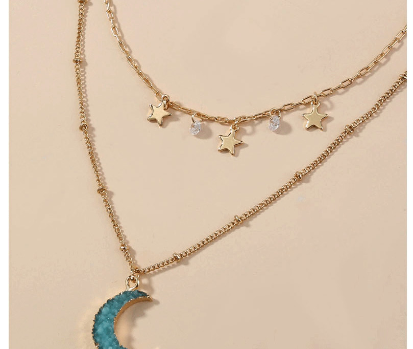 Fashion Blue Chain Moon Little Star Resin Double Necklace,Chains