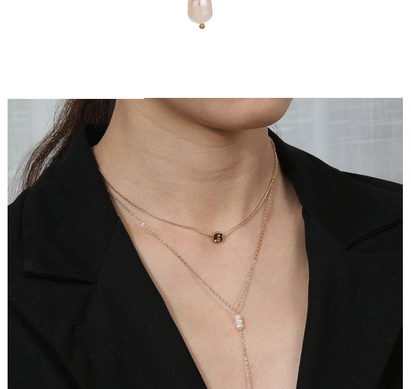 Fashion Golden Natural Pearl Letter Double Layer Necklace,Chains
