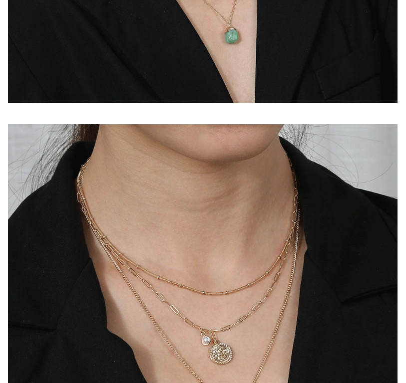 Fashion Green Pearl Round Metallic Green Resin Multilayer Necklace,Chains