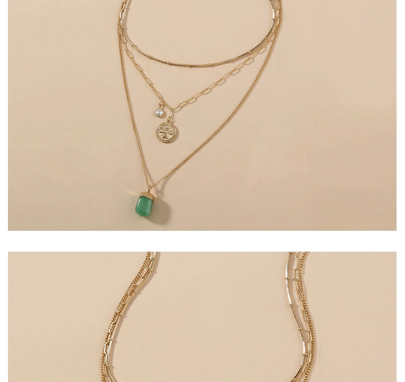 Fashion Green Pearl Round Metallic Green Resin Multilayer Necklace,Chains