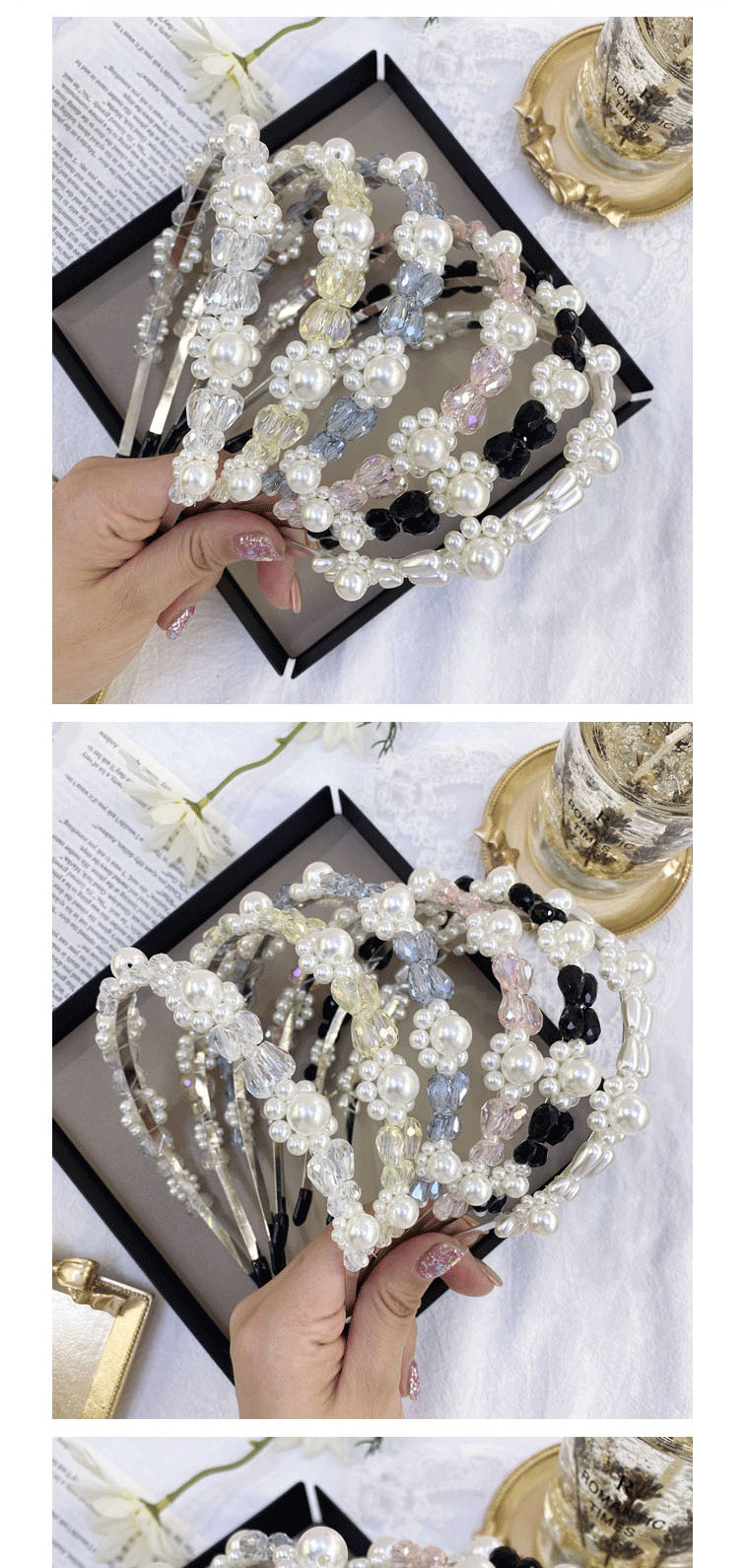 Fashion Topaz Handmade Pearl Crystal Flower Steel Ring Thin Edge Hair Band,Head Band