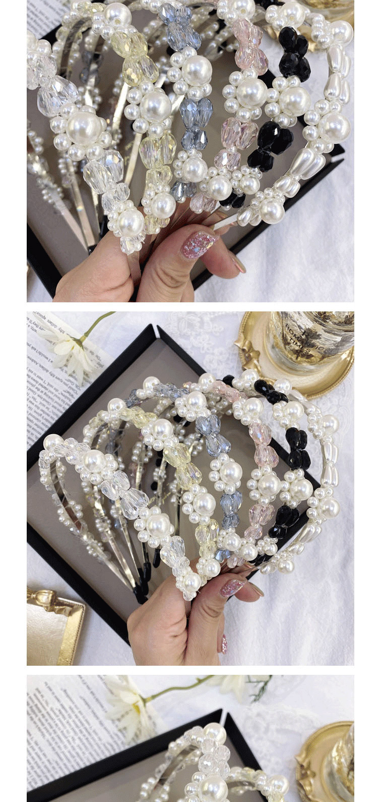 Fashion White Pearl Handmade Pearl Crystal Flower Steel Ring Thin Edge Hair Band,Head Band
