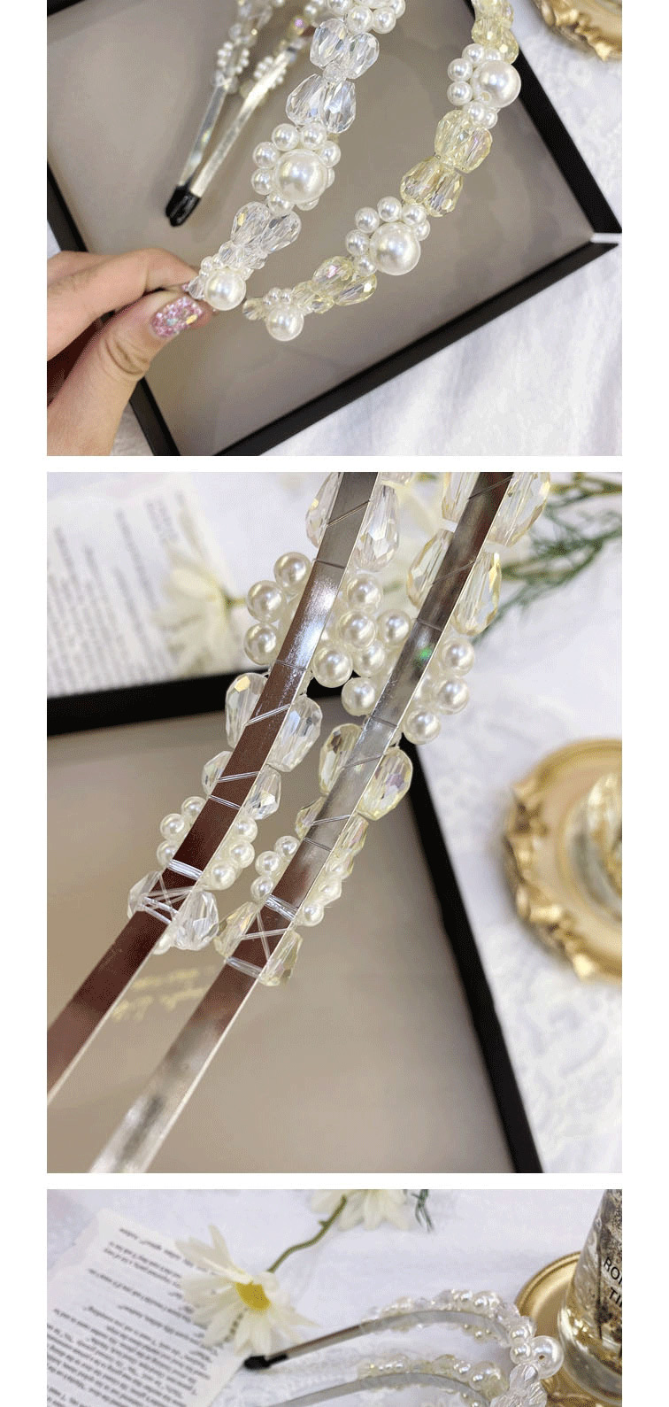 Fashion White Pearl Handmade Pearl Crystal Flower Steel Ring Thin Edge Hair Band,Head Band