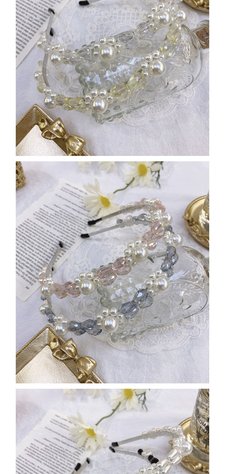 Fashion White Crystal Handmade Pearl Crystal Flower Steel Ring Thin Edge Hair Band,Head Band
