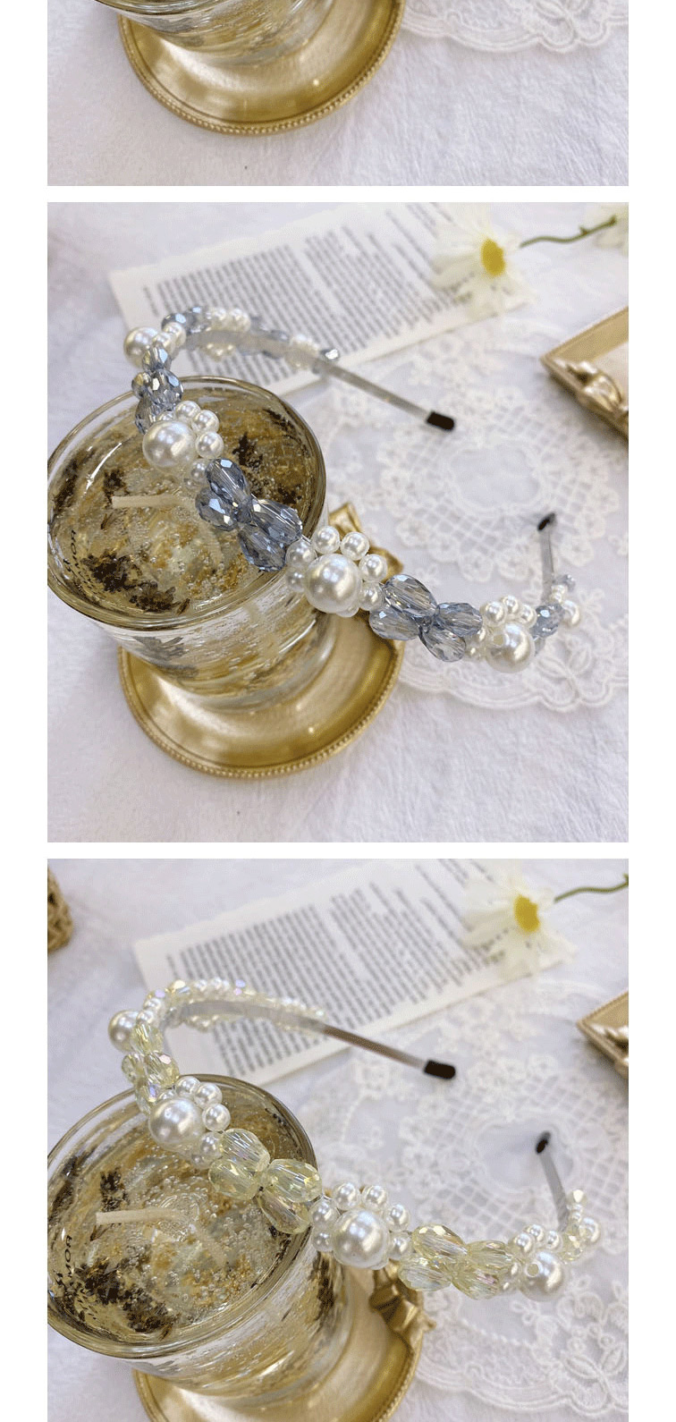 Fashion White Crystal Handmade Pearl Crystal Flower Steel Ring Thin Edge Hair Band,Head Band