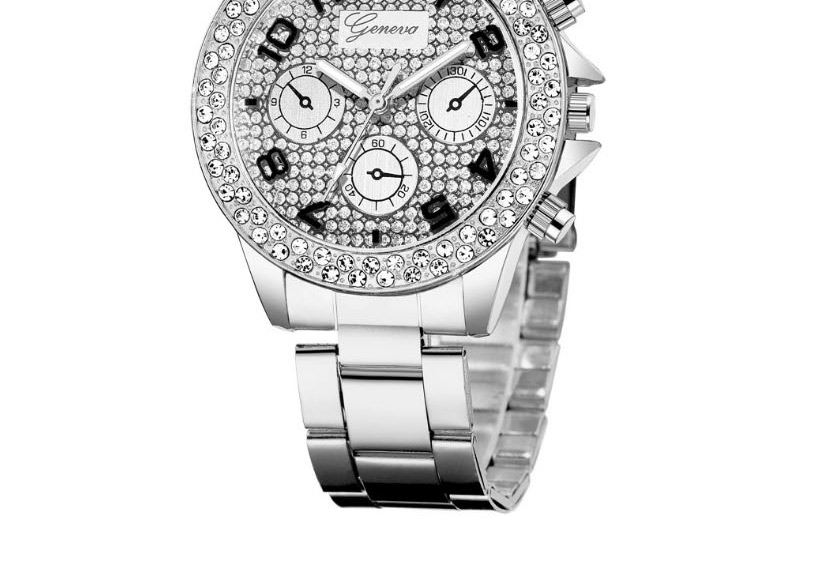 Fashion Golden Three-eye Diamond-set Gypsophila Quartz Steel Ladies Watch,Ladies Watches