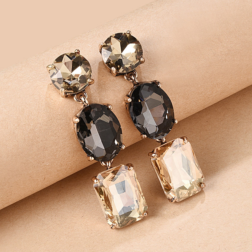 Fashion Gray + Champagne Geometric Shape Decorated Diamond Earrings,Drop Earrings