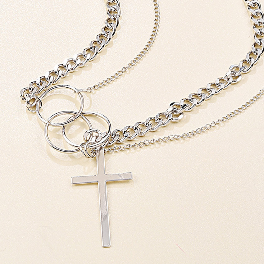 Fashion White K Cross Geometry Round Alloy Multilayer Necklace,Chains