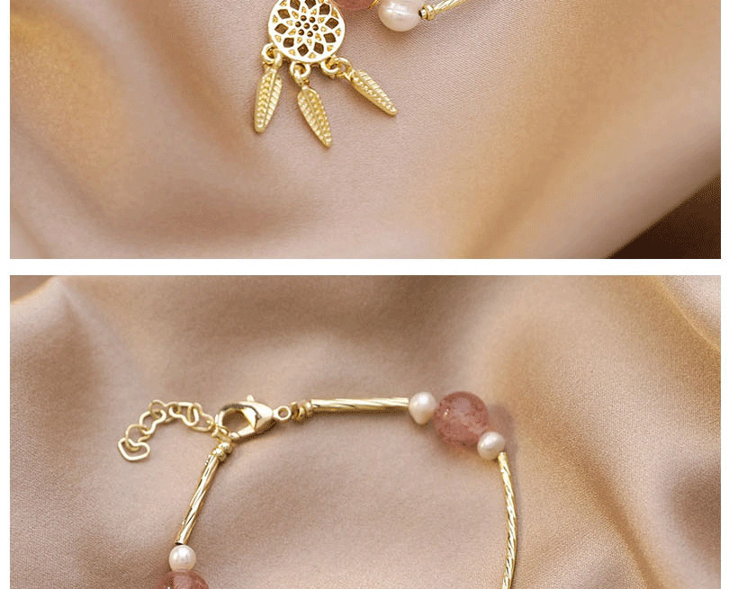 Fashion Golden Sun Flower Hollow Leaves Pearl Strawberry Crystal Bead Bracelet,Fashion Bracelets