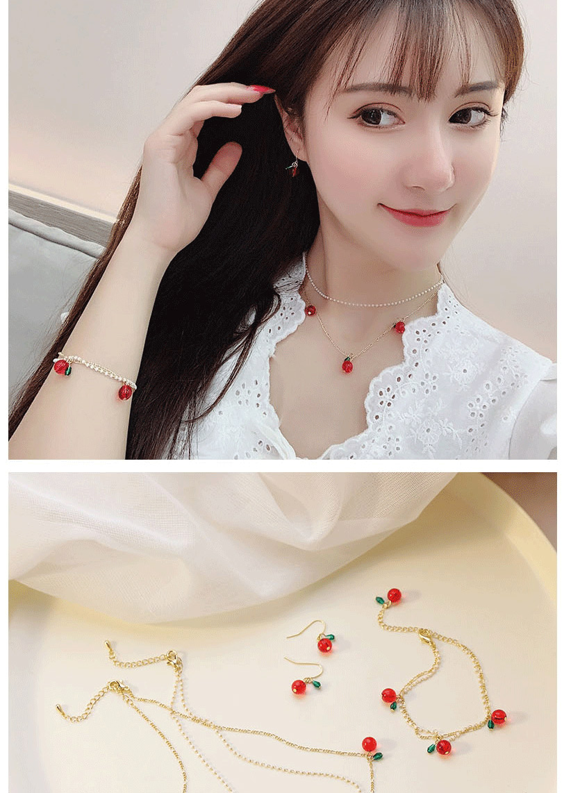 Fashion Earrings Crystal Beaded Resin Cherry Double Necklace Earring Bracelet,Drop Earrings