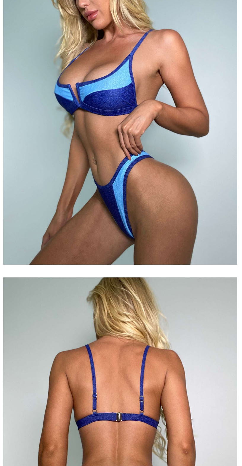 Fashion Bandage Stitching Contrasting V-toggle Bandage Denim Split Swimsuit,Bikini Sets