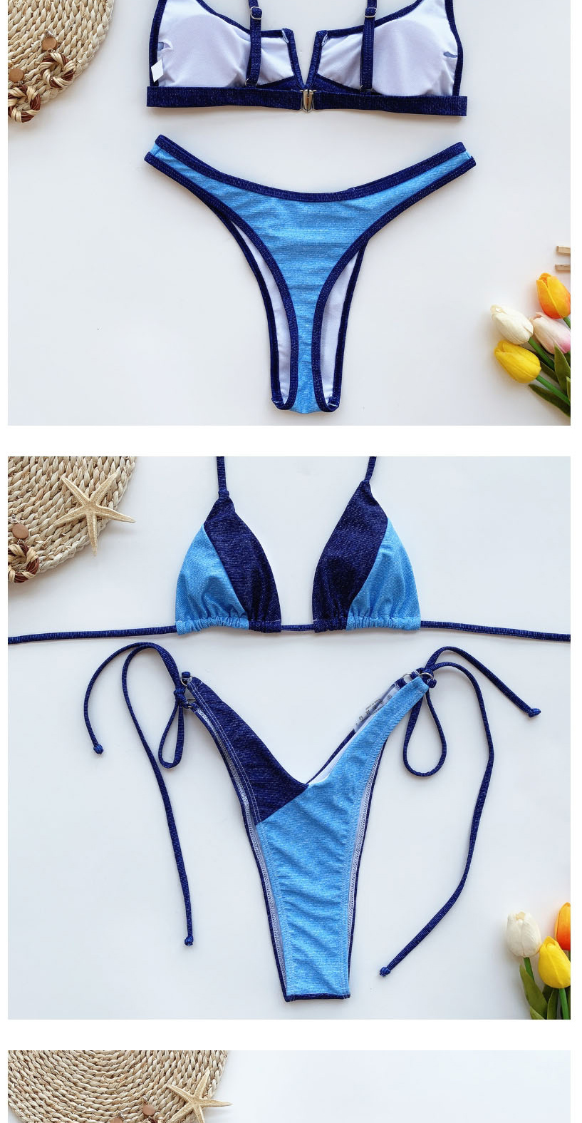 Fashion Bandage Stitching Contrasting V-toggle Bandage Denim Split Swimsuit,Bikini Sets