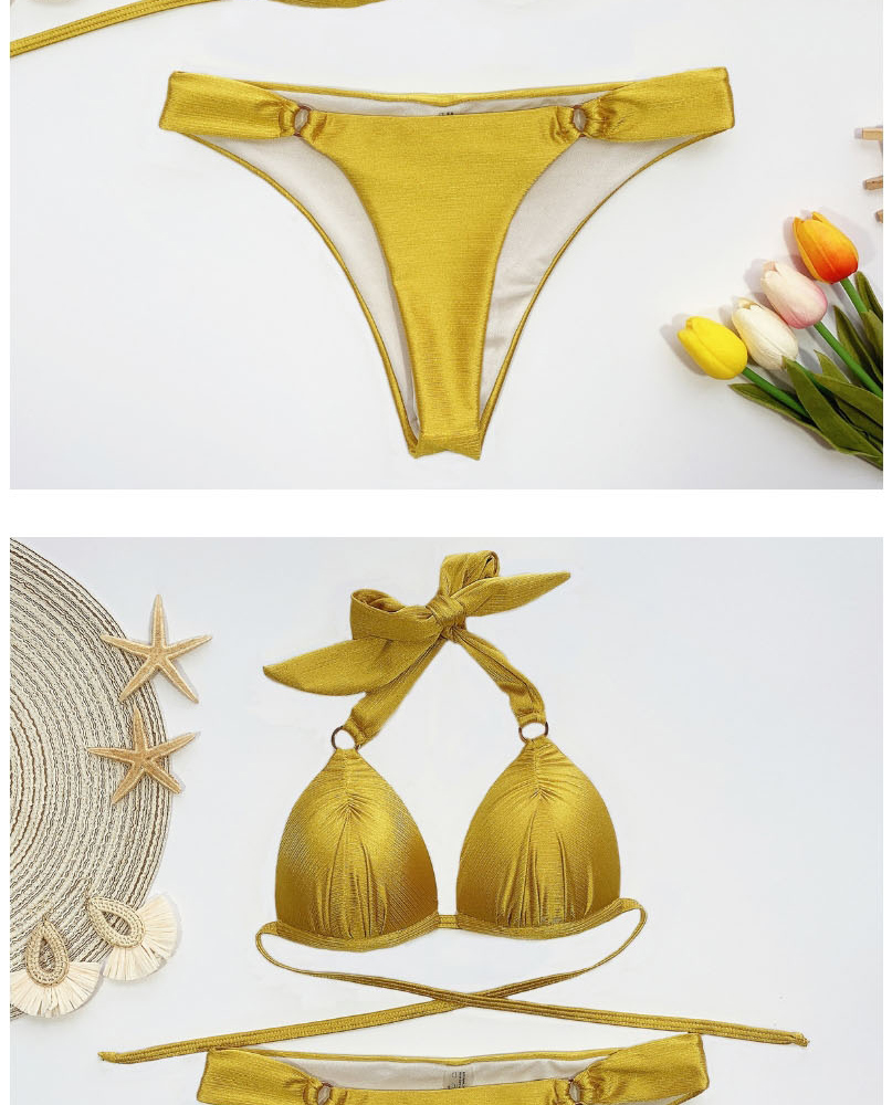 Fashion Yellow Flashing Split Swimsuit With Pleated Metal Ring,Bikini Sets