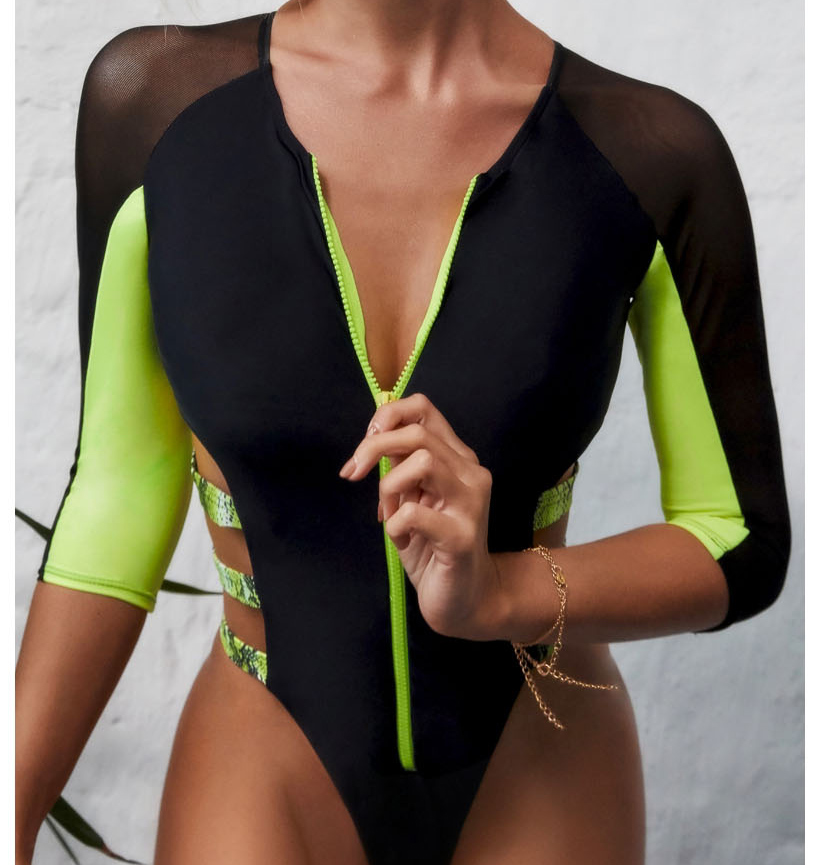 Fashion Dark Green Splicing Zipper Mesh Yarn Hollow Contrast One-piece Swimsuit,One Pieces