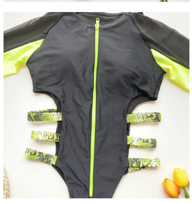 Fashion Dark Green Splicing Zipper Mesh Yarn Hollow Contrast One-piece Swimsuit,One Pieces