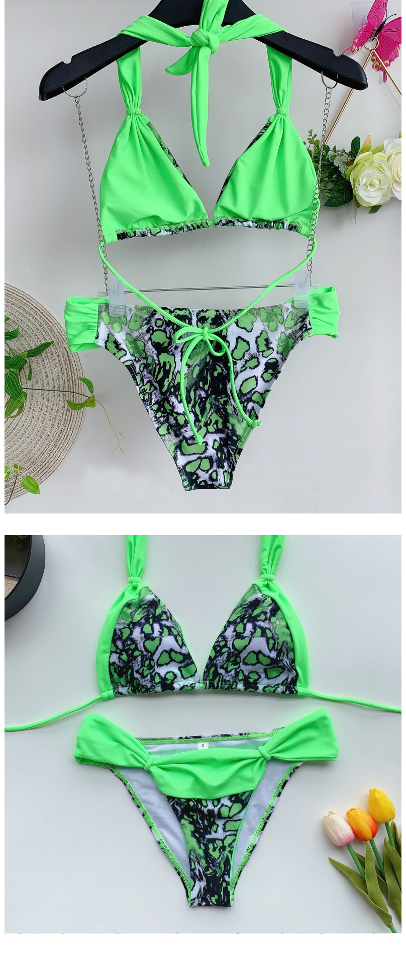Fashion Green Leopard Stitching Contrast Color Bandage Knotted Split Swimsuit,Bikini Sets