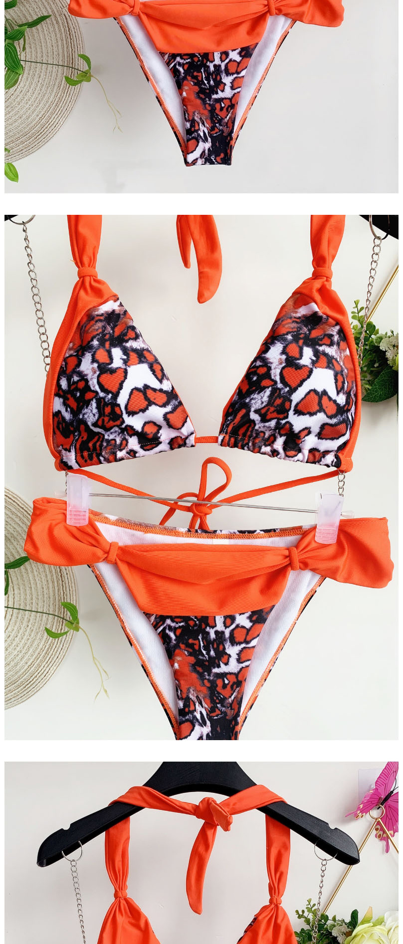 Fashion Orange Leopard Stitching Contrast Color Bandage Knotted Split Swimsuit,Bikini Sets