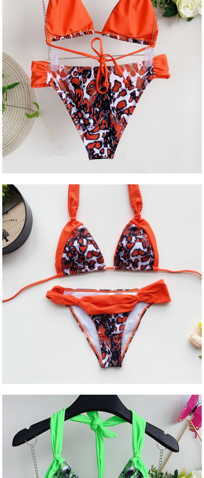 Fashion Orange Leopard Stitching Contrast Color Bandage Knotted Split Swimsuit,Bikini Sets
