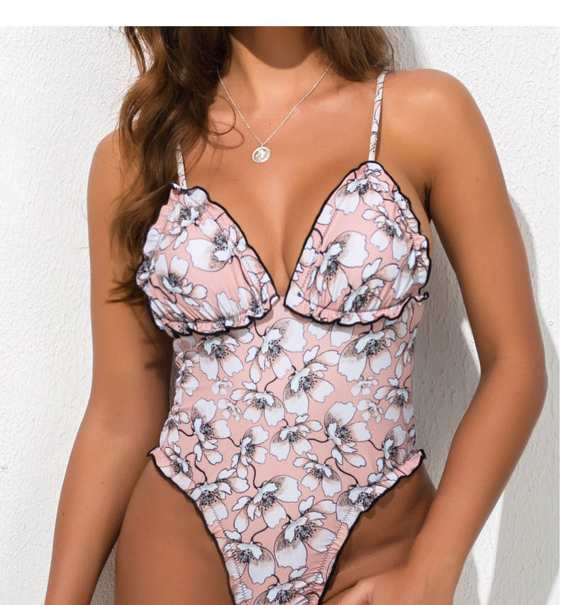 Fashion Pink Flower Print Ruffled One-piece Swimsuit,One Pieces