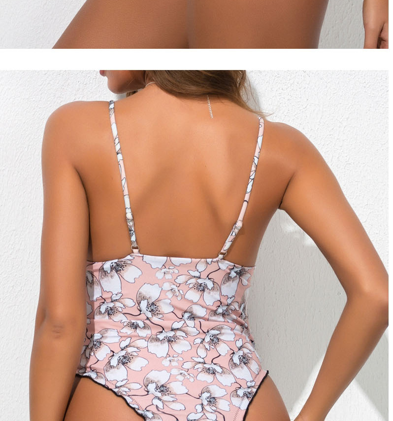 Fashion Pink Flower Print Ruffled One-piece Swimsuit,One Pieces