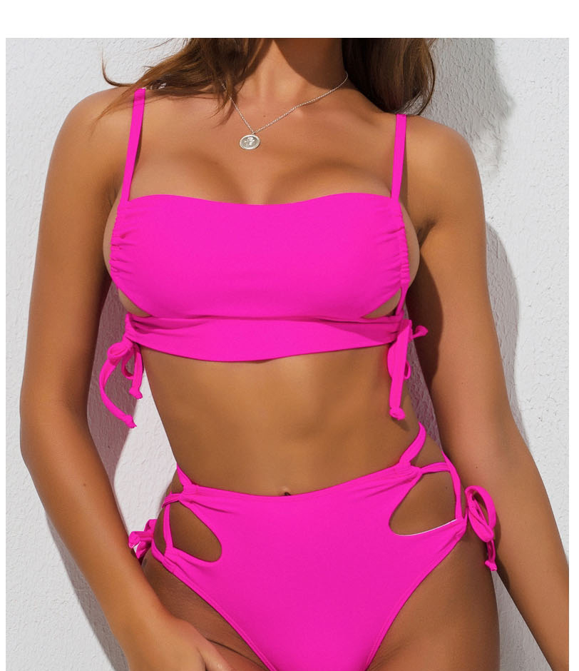 Fashion Rose Red Hollow Split Swimsuit With Tether Straps,Bikini Sets
