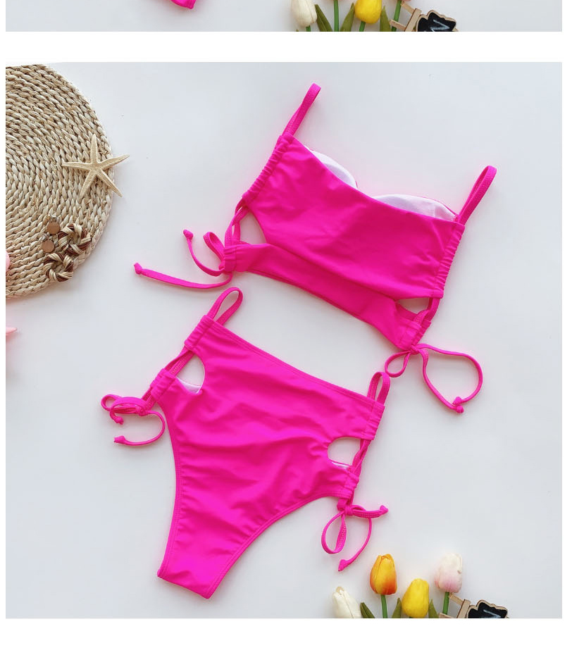 Fashion Rose Red Hollow Split Swimsuit With Tether Straps,Bikini Sets
