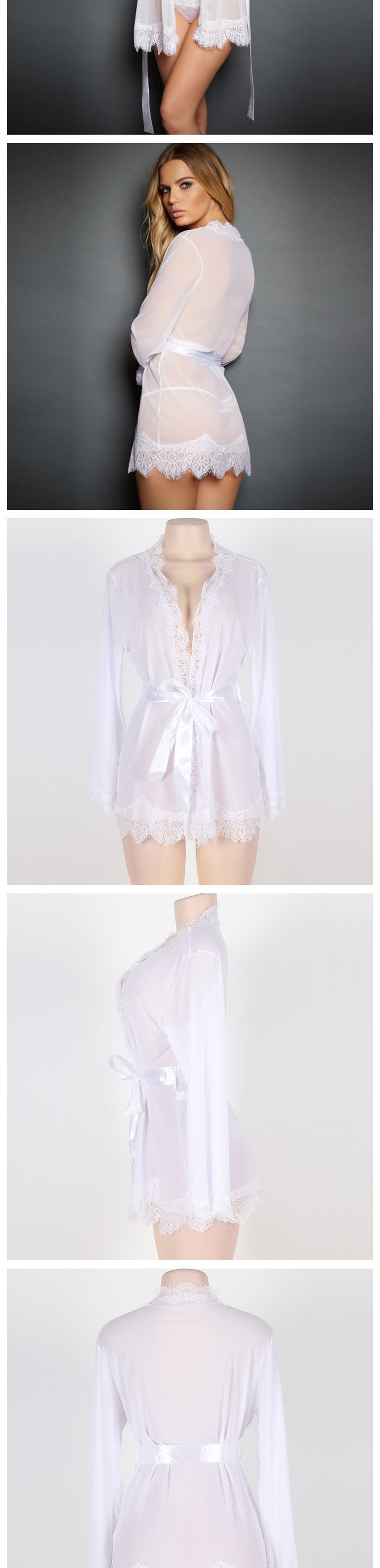 Fashion White Lace Open Chest Strappy Pajamas,SLEEPWEAR & UNDERWEAR