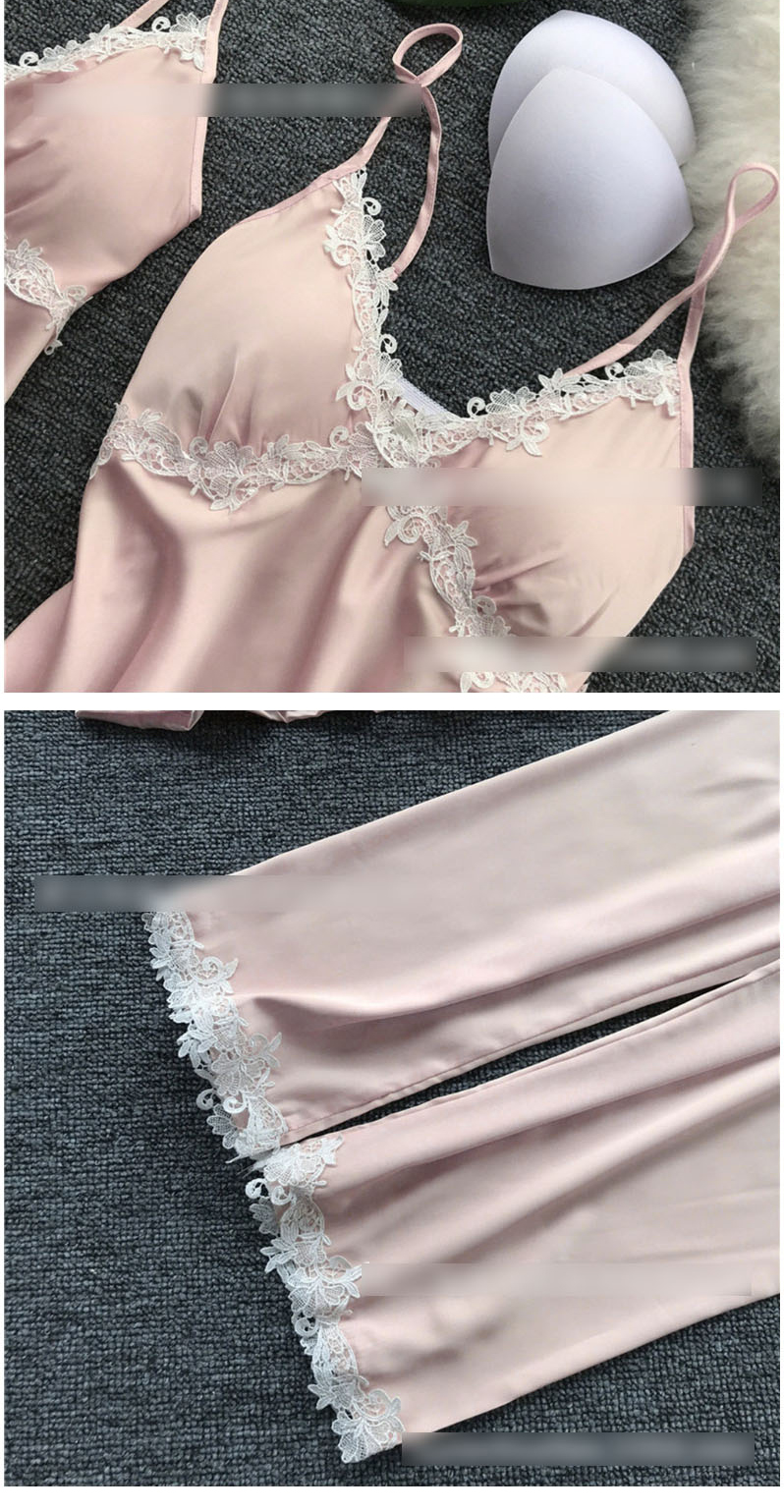 Fashion Pink Bathrobe Lace-side Tether Straps Contrasting Multi-piece Pajamas,SLEEPWEAR & UNDERWEAR