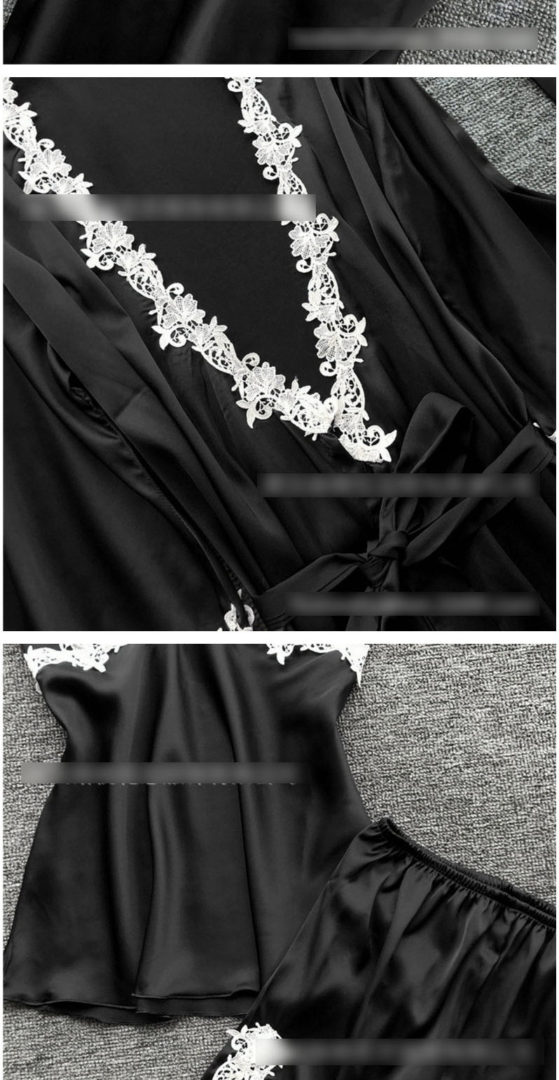 Fashion Black Bathrobe Lace-side Tether Straps Contrasting Multi-piece Pajamas,SLEEPWEAR & UNDERWEAR