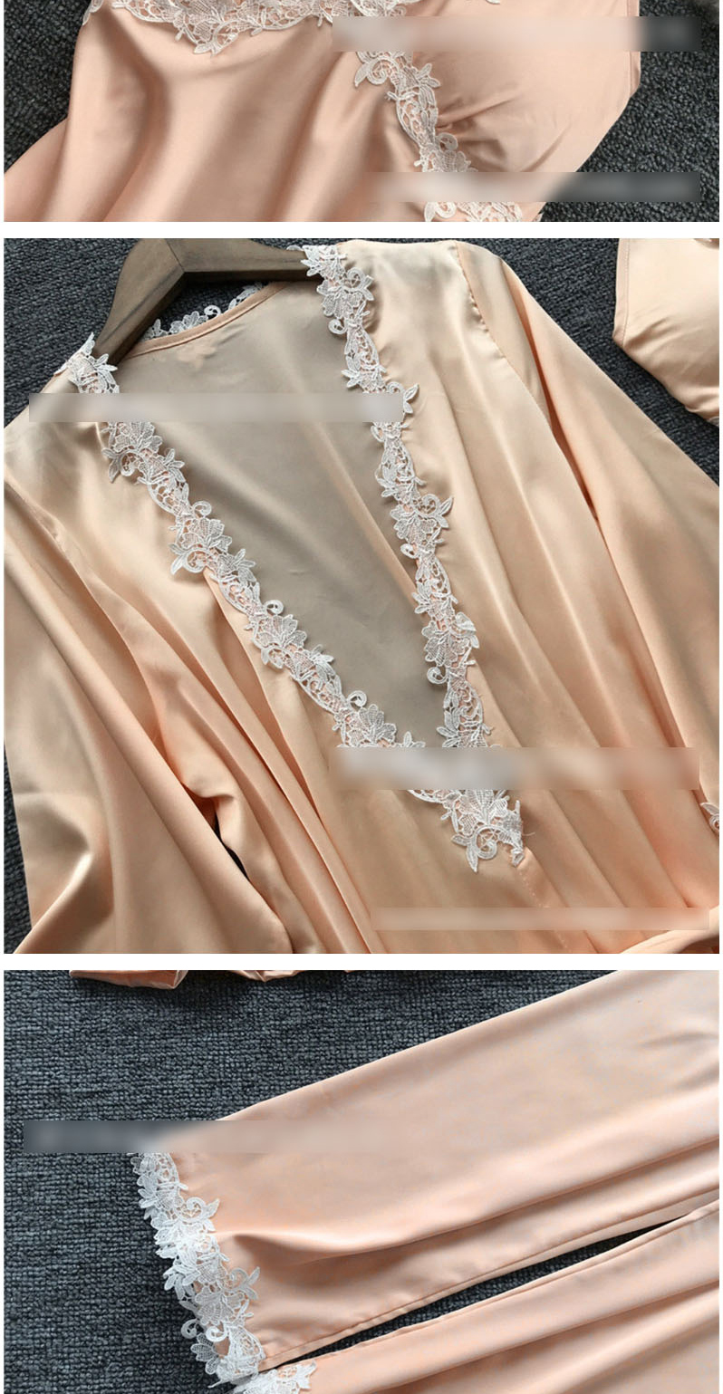 Fashion Color Bathrobe Lace-side Tether Straps Contrasting Multi-piece Pajamas,SLEEPWEAR & UNDERWEAR
