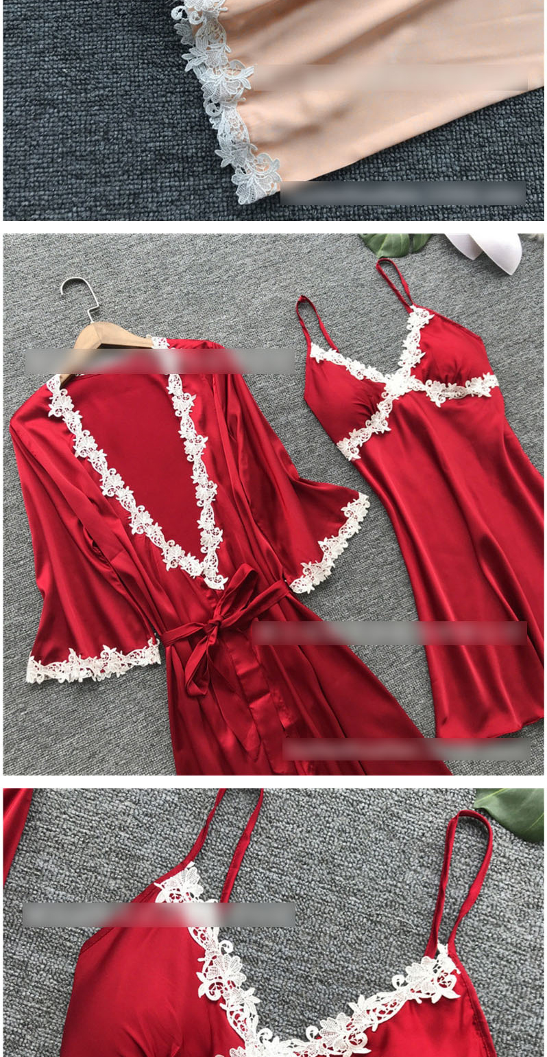 Fashion Red Wine Bathrobe Lace-side Tether Straps Contrasting Multi-piece Pajamas,SLEEPWEAR & UNDERWEAR