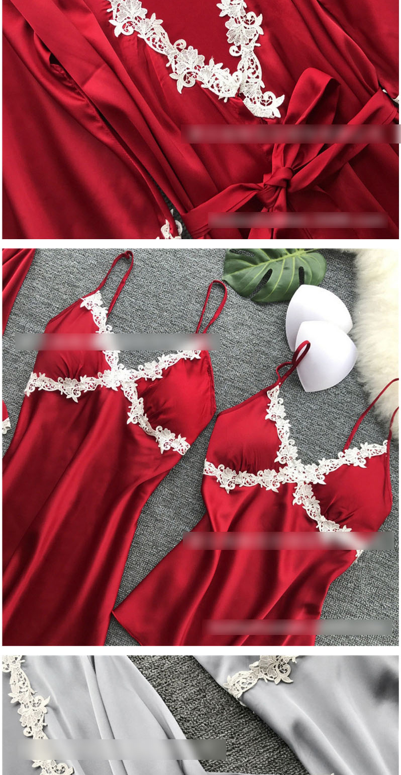 Fashion Red Bathrobe Lace-side Tether Straps Contrasting Multi-piece Pajamas,SLEEPWEAR & UNDERWEAR