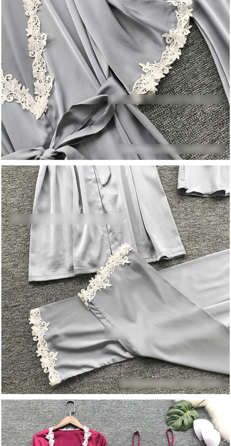 Fashion Gray Bathrobe Lace-side Tether Straps Contrasting Multi-piece Pajamas,SLEEPWEAR & UNDERWEAR