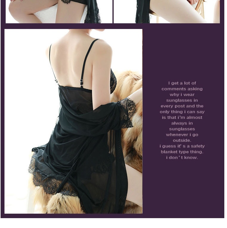 Fashion Black Oversized See-through Shawl Lace Hem Strap Nightdress Suit,SLEEPWEAR & UNDERWEAR